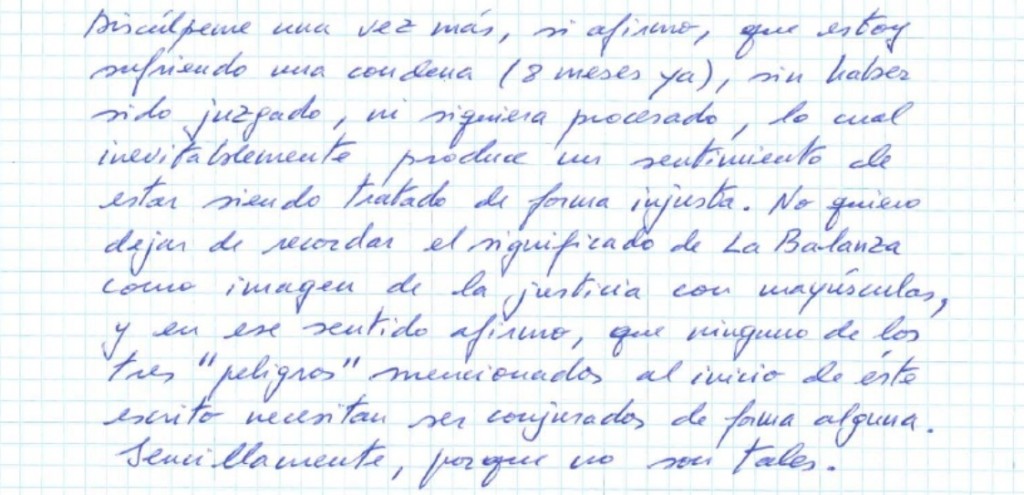 Carta de Bárcenas a Ruz rogando salir de prisión
