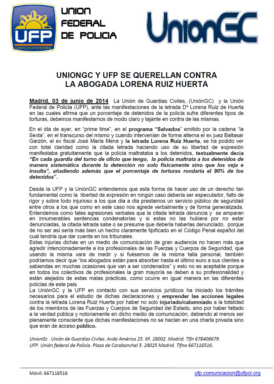 Comunicado de los sindicatos policiales: UNIONGC Y UFP SE QUERELLAN CONTRA LA ABOGADA LORENA RUIZ HUERTA