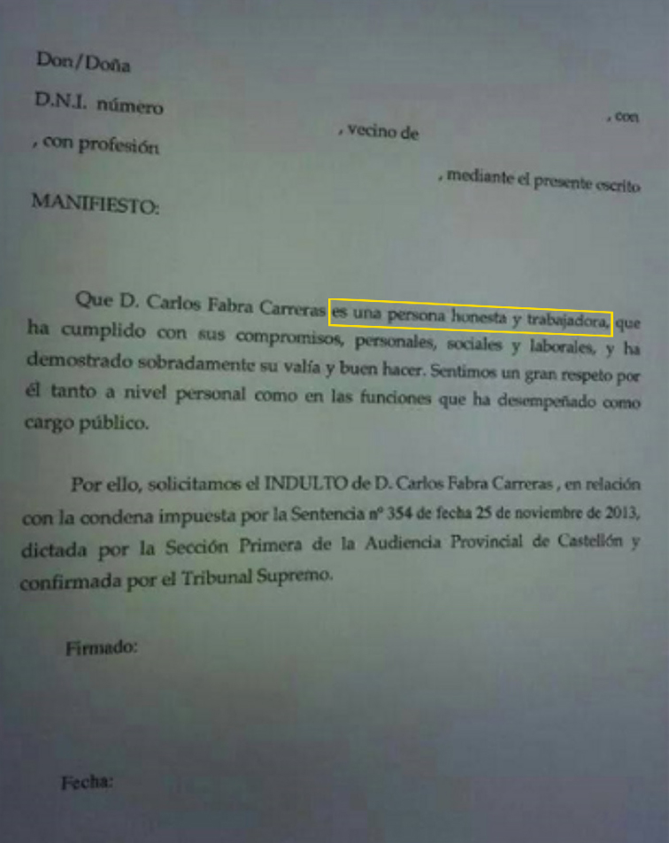 El PP de Castellón pide el indulto para Carlos Fabra "por ser una persona honesta"
